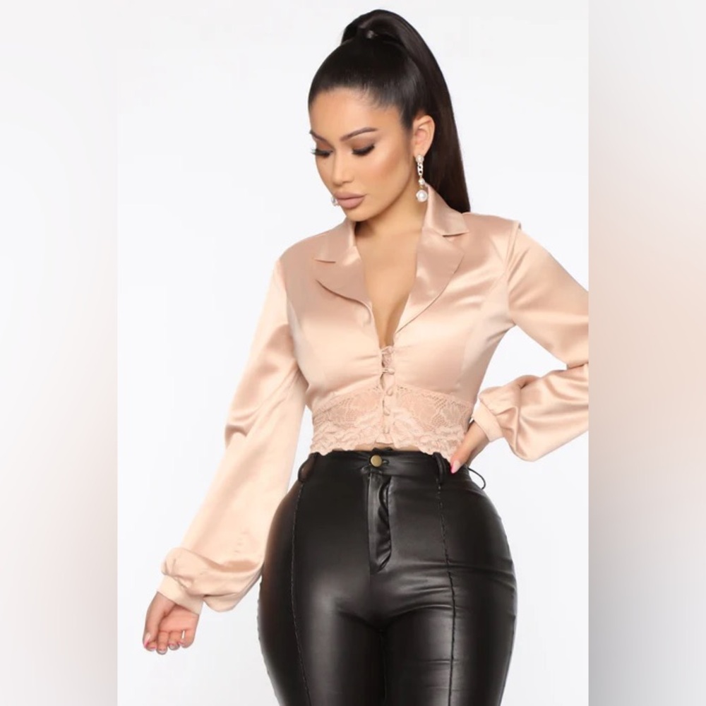 Fashion Nova Satin Blouse in Tan
